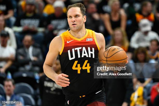 Bojan Bogdanovic of the Utah Jazz in action during the second half of Game 6 of the Western Conference First Round Playoffs against the Dallas...