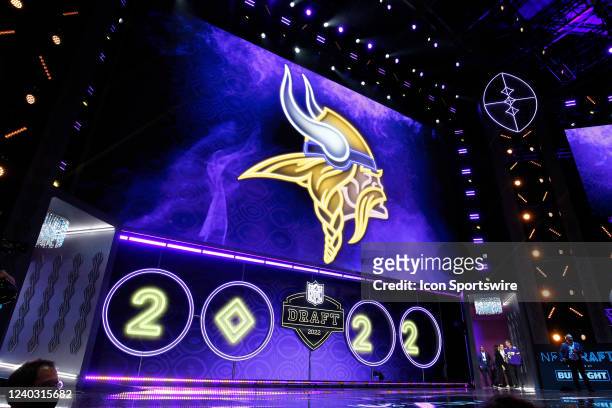 General view of the Minnesota Vikings logo during the NFL Draft on April 28, 2022 in Las Vegas, Nevada.