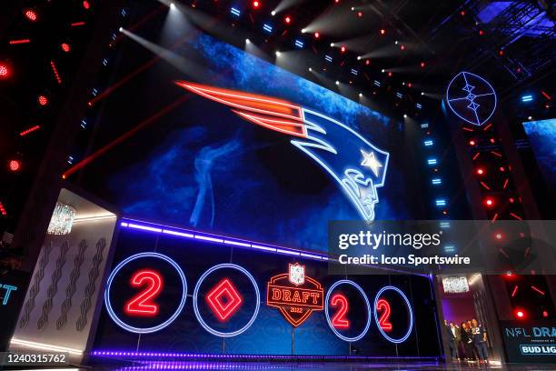 General view of the New England Patriots logo during the NFL Draft on April 28, 2022 in Las Vegas, Nevada.