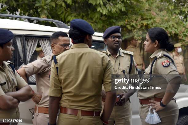 Police personnel after Bajrang Dal members allegedly beat up Local Intelligence Unit personnel at Sector 39 police station on April 28, 2022 in...