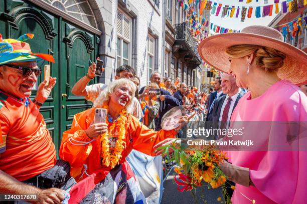 Queen Maxima of the Netherlands attends the Kingsday celebration in the city center on April 27, 2022 in Maastricht, Netherlands.