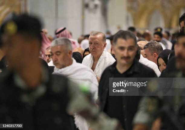 Turkish President Recep Tayyip Erdogan performs an umrah pilgrimage in the Saudi holy city of Mecca early on April 29, 2022. - Erdogan has met with...