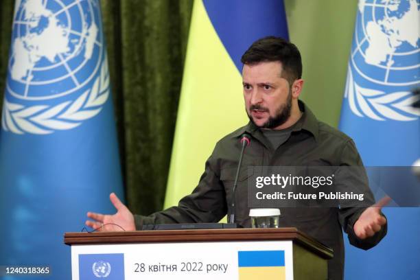 President of Ukraine Volodymyr Zelenskyy is pictured during a joint press conference with UN Secretary-General Antonio Guterres in Kyiv, capital of...