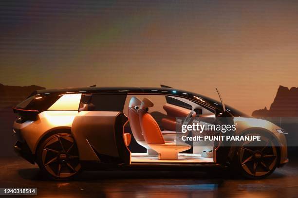 Model of the new Tata Motors concept car 'Avinya', which is based on the Pure EV architecture , is seen seen during its unveiling ceremony in Mumbai...