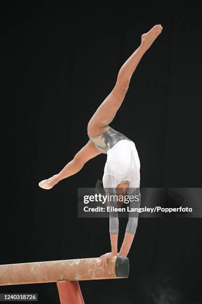 Ondine Achampong of Aylesbury Gymnastics Club competing on balance beam in the senior women's all-round competition during the British Artistic...