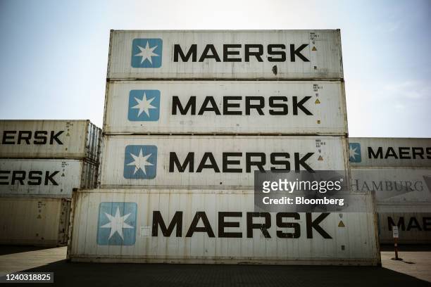 The Maersk logo on shipping containers stored at the A.P. Moller Maersk A/S terminal in the harbor town of Kalundborg, Denmark, on Wednesday, April...