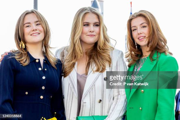 Princess Catharina-Amalia of the Netherlands, Princess Alexia of the Netherlands and Princess Ariane of the Netherlands attend the Kingsday...