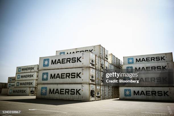 The Maersk logo on shipping containers stored at the A.P. Moller Maersk A/S terminal in the harbor town of Kalundborg, Denmark, on Wednesday, April...