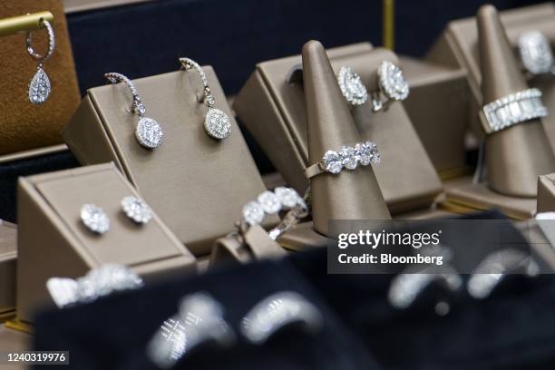 Diamond rings and earrings in a jewelry store's window display in the Diamond Quarter of Antwerp, Belgium, on Thursday, April 28, 2022. The Belgian...