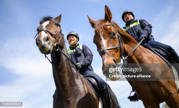 April 2022, Lower Saxony, Herrenhof: The police officers, Tjaard Kirschtowski on Herkules and Michael Reh on Filou stand on the banks of the Elbe...