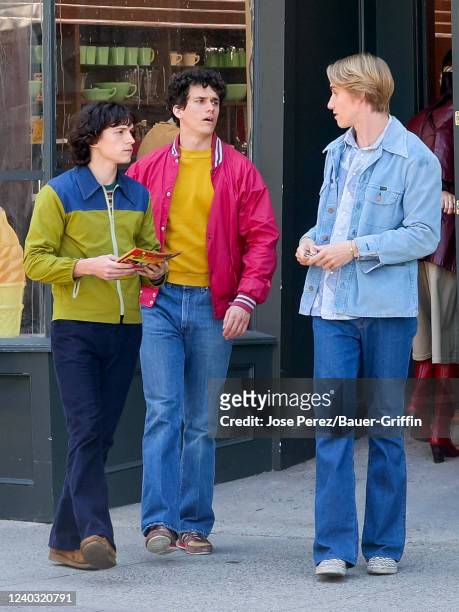 Tom Holland, Sam Vartholomeos and Levon Thurman-Hawke are seen on the film set of 'The Crowded Room' TV Series on April 28, 2022 in New York City.