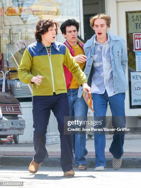 Tom Holland, Sam Vartholomeos and Levon Thurman-Hawke are seen on the film set of 'The Crowded Room' TV Series on April 28, 2022 in New York City.