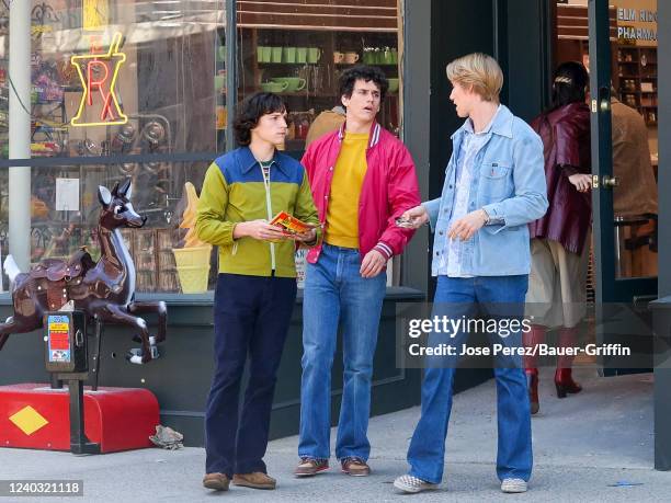 Tom Holland, Sam Vartholomeos and Levon Thurman-Hawke are seen on the film set of 'The Crowded Room' TV Series on April 28, 2022 in New York City.