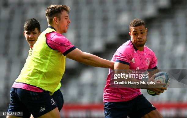 Cape Town , South Africa - 29 April 2022; Adam Byrne, right and Lee Barron during a Leinster Rugby Captain's Run at the DHL Stadium in Cape Town,...