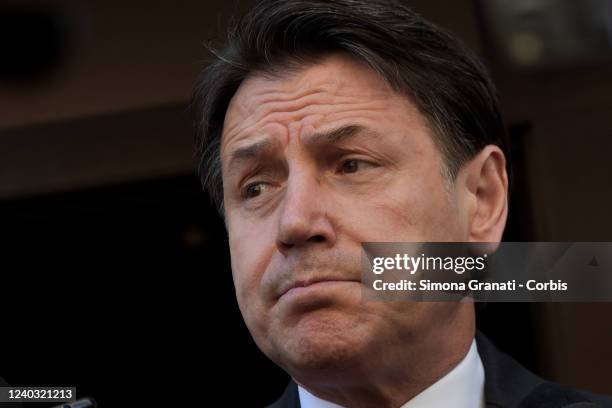 The President of the 5 Star Movement and former Prime Minister Giuseppe Conte talks to the press after attending the UIL trade union conference on...