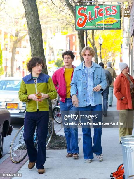 Tom Holland, Sam Vartholomeos and Levon Thurman-Hawke are seen on the film set of 'The Crowded Room' TV Series on April 28, 2022 in New York City.