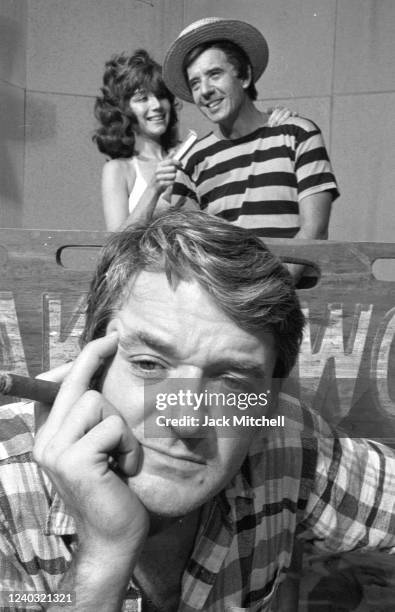 View of actors Hal Holbrook , Pamela Shaw, and Albert Paulsen in costume for one of a pair of Off-Broadway, one-act plays at the American Place...