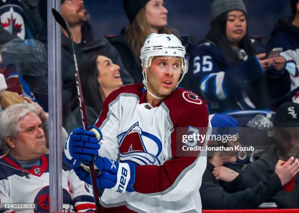 Jack Johnson of the Colorado Avalanche looks on during a second period stoppage of play against the Winnipeg Jets at Canada Life Centre on April 24,...