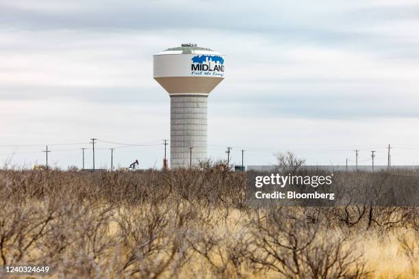 Water tower in Midland, Texas, U.S. On Monday, April 4, 2022. West Texas, the proud oil-drilling capital of America, is now also on the cusp of...