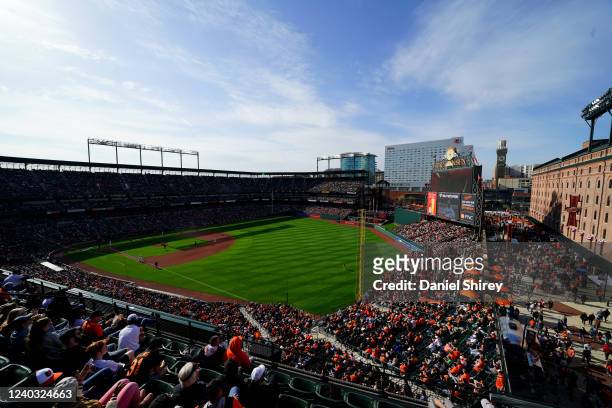 General view of Eutaw Street and the B&O Warehouse during the game between the Milwaukee Brewers and the Baltimore Orioles at Oriole Park at Camden...