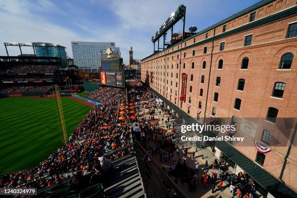 General view of Eutaw Street and the B&O Warehouse during the game between the Milwaukee Brewers and the Baltimore Orioles at Oriole Park at Camden...