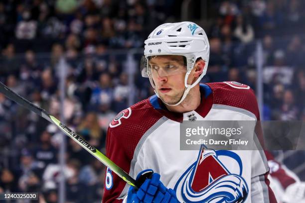 Erik Johnson of the Colorado Avalanche looks on during a first period stoppage of play against the Winnipeg Jets at Canada Life Centre on April 24,...