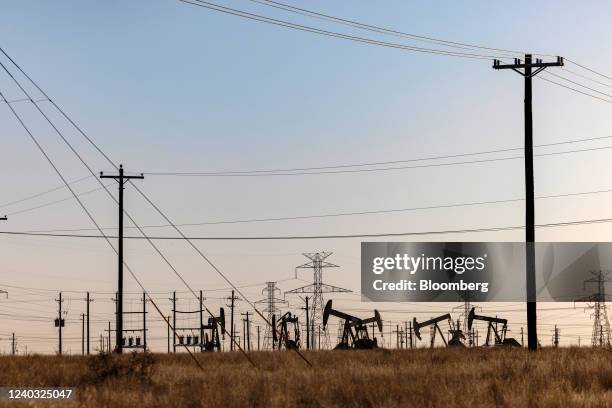 Pumpjacks on the outskirts of Odessa, Texas, U.S. On Tuesday, April 5, 2022. West Texas, the proud oil-drilling capital of America, is now also on...