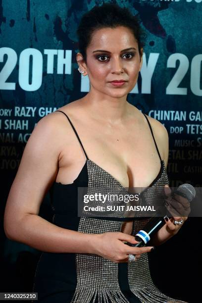 Bollywood actress Kangana Ranaut poses during the trailer launch of her upcoming movie Dhaakad in Mumbai on April 29, 2022.