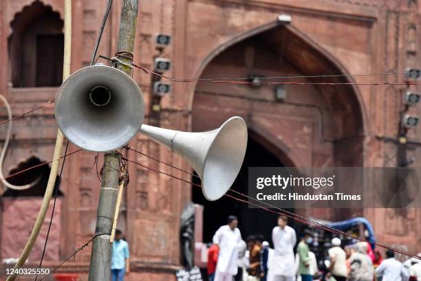 Loudspeakers at the Jama Masjid, as seen on the last Friday of the holy month of Ramzan on April 29, 2022 in New Delhi, India.