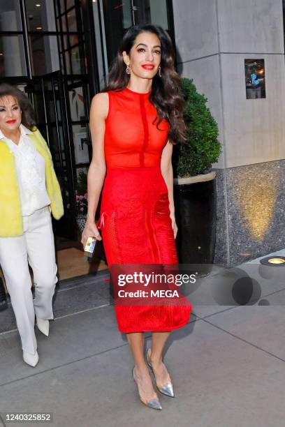 Amal Clooney is seen leaving a hotel on April 28, 2022 in New York, New York.