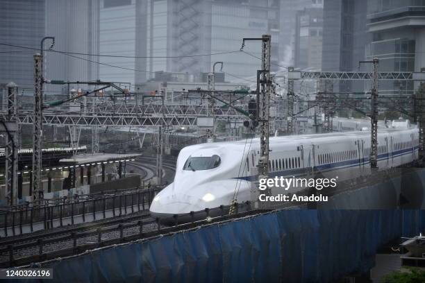 Shinkansen bullet train leaves the Tokyo Station on April 29, 2022 in Tokyo, Japan, as the 'Golden Week' a series of national holidays starts for a...