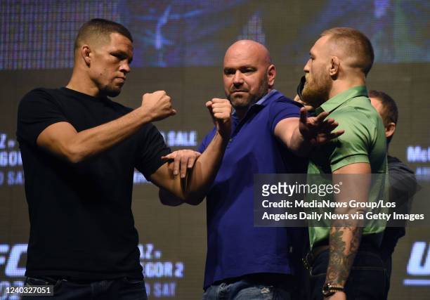 Las Vegas, CA UFC President Dana White , keeps Nate Diaz and Conor McGregor apart during a press conference at the T-Mobile Area, Thursday, July 7 in...