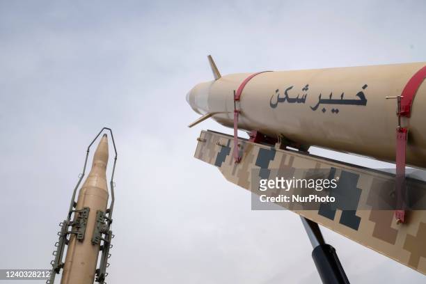 Two Iranian Kheibar Shekan Ballistic missiles are seen in downtown Tehran during a rally commemorating the International Quds Day, also known as the...