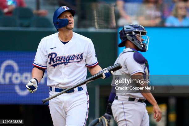 Corey Seager of the Texas Rangers looks on during the game between the Colorado Rockies and the Texas Rangers at Globe Life Field on Monday, April...