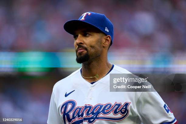 Marcus Semien of the Texas Rangers looks on during the game between the Colorado Rockies and the Texas Rangers at Globe Life Field on Monday, April...