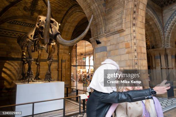 Visitors take a selfie beside the fossilised skeleton of an American Mastodon, an Ice Age relative of the elephant at the Natural History Museum on...