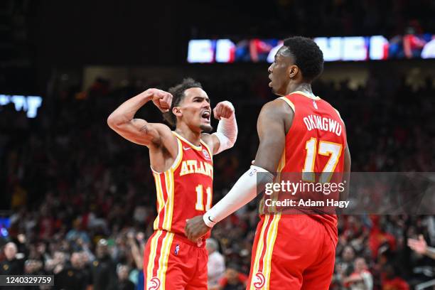 Trae Young of the Atlanta Hawks celebrates during Round 1 Game 3 of the 2022 NBA Playoffs against the Miami Heat on April 22, 2022 at State Farm...