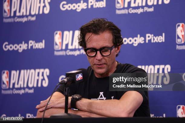 Head Coach Quin Snyder of the Utah Jazz talks to the media after Round 1 Game 6 of the 2022 NBA Playoffs against the Dallas Mavericks on April 28,...