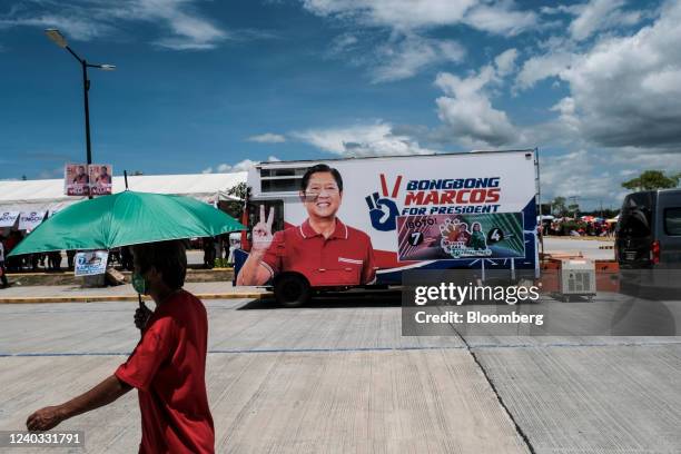 Campaign poster in support of Ferdinand "BongBong" Marcos Jr., former Philippine senator and presidential candidate, during a campaign rally in San...