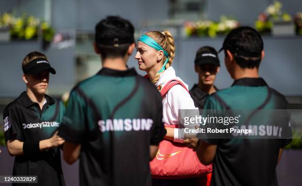 Petra Kvitova of the Czech Republic walks on court to play Jil Teichmann of Switzerland in her first round match on Day 2 of the Mutua Madrid Open at...