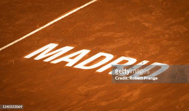 Madrid Logo on court on Day 2 of the Mutua Madrid Open at La Caja Magica on April 29, 2022 in Madrid, Spain