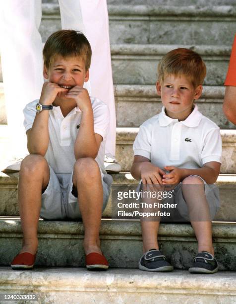 Young Prince William and Prince Harry sitting on the steps of the Palace of Marivent while on holiday in the Cala Mayor area of Majorca, Spain 13th...