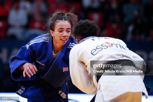 Chelsie Giles of Great Britain competes against Amandine Buchard of France during the European Judo Championships Senior 2022 on April 29, 2022 in...