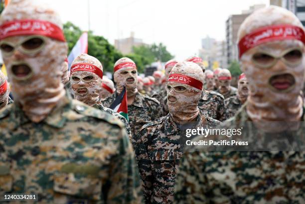Islamic Revolutionary Guard Corps members march during the annual pro-Palestinians Al-Quds or Jerusalem Day rally in Tehran.