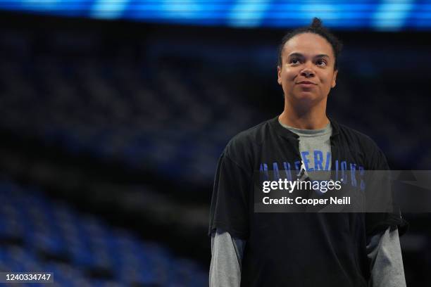 Assistant Coach, Kristi Toliver of the Dallas Mavericks looks on before Round 1 Game 5 of the 2022 NBA Playoffs against the Utah Jazz on April 25,...