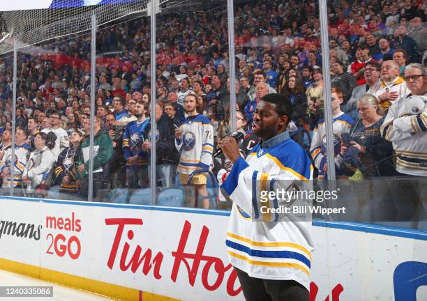 Malcolm Subban of the Buffalo Sabres sings the Star-Spangled Banner prior to an NHL game against the Chicago Blackhawks on April 29, 2022 at KeyBank...