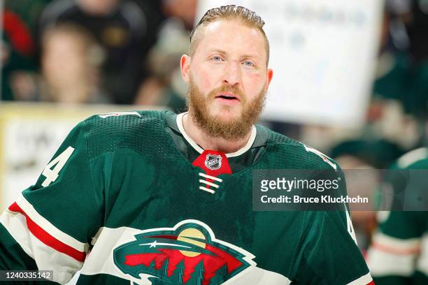 Nicolas Deslauriers of the Minnesota Wild warms up prior to the game against the Colorado Avalanche at the Xcel Energy Center on April 29, 2022 in...