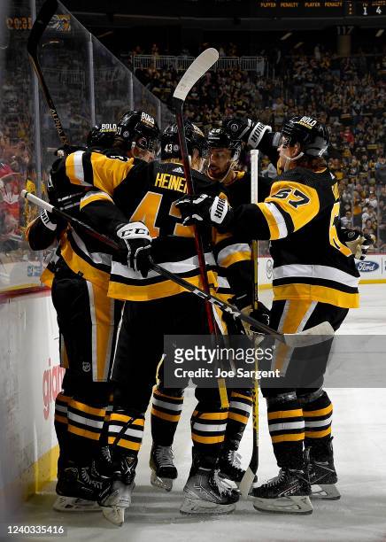 Evgeni Malkin of the Pittsburgh Penguins celebrates his first period goal against the Columbus Blue Jackets at PPG PAINTS Arena on April 29, 2022 in...