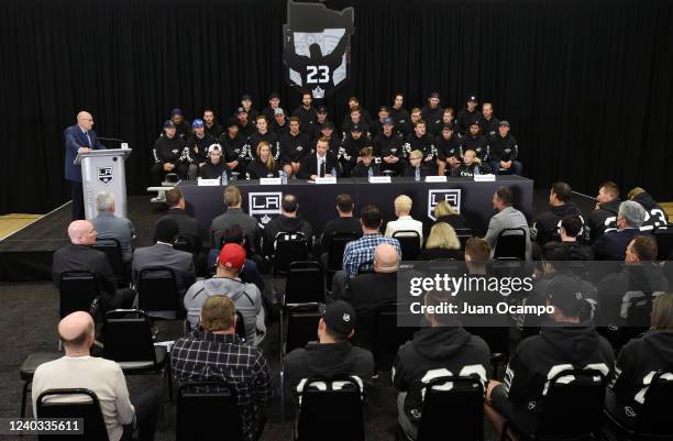 Dustin Brown of the Los Angeles Kings speaks during a press conference at the Toyota Sports Performance Center on April 29,2022 in El Segundo,...