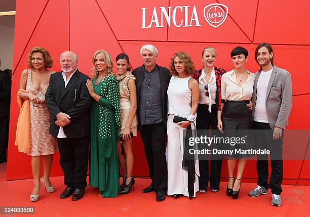 Actress Monica Scattini, Marco Messeri, Simona Izz, Ronny Morena, director Ricky Tognazzi, Elena Sofia Ricci, Debora Villa, Arisa and guest pose at...